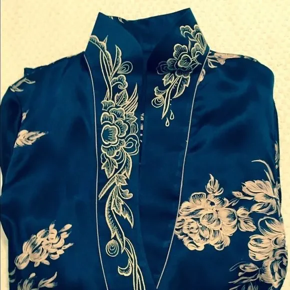 Silk Coat One of a Kind Original Qinyi Shanghai Fashion Show Navy Gold Womens XL - Picture 6 of 8